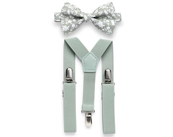 Dusty Sage Floral Bow Tie & Dusty Sage Suspenders Wedding, Wedding Bow Ties, Wedding Suspenders