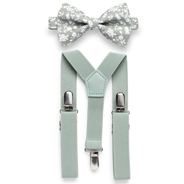 Dusty Sage Floral Bow Tie & Dusty Sage Suspenders Wedding, Wedding Bow Ties, Wedding Suspenders