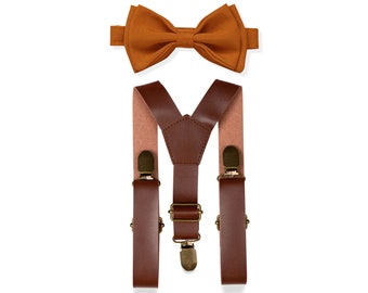 Rusty Copper Bow Tie & Brown Leather Suspenders for Baby Toddler Boy Men, Wedding Bow Tie Suspenders, Kids Bow Tie Suspenders