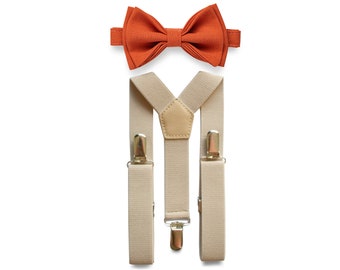 Burnt Orange Bow Tie & Tan Beige Suspenders Set, Wedding Bow Tie Suspenders, Bow Tie Suspenders Groom and Groomsmen