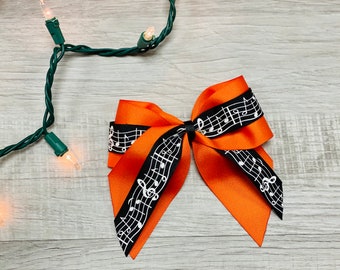 Music Note Hair Bow, Orange & Black Hair Accessory, Large Sailor Bow, Concert, Band, Choir, Women's and Girls Hair Bow Fun