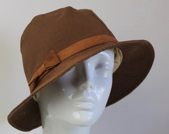 1960s Totes Brown Cotton Cloche Hat: Vintage Rain Hat with Bow