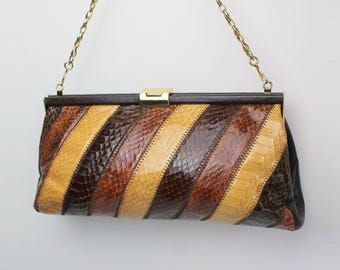 Vintage Jane Shilton Snakeskin Clutch, Leather Shoulder Bag, Gold Chain Evening Purse