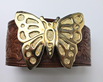 Vintage 70s Butterfly Belt Tooled Leather Boho Waist Belt