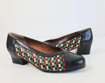 1980s Vintage Leather Block Heel Shoes – Woven Multicolour Slip on Pumps, Retro Boho Style