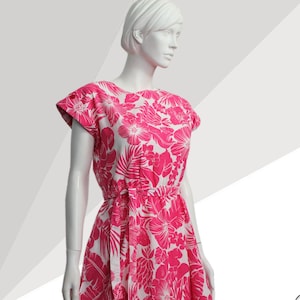 Vintage Hawaiian Tropical Print Dress, Pink White Summer Dress, Cotton Sun Dress, C&A, 80s Dress, New Wave Dress, UK 12, US 8, Euro 40,