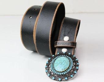 Vintage 1990s Leather Belt Faux Turquoise Buckle Boho Western Waist