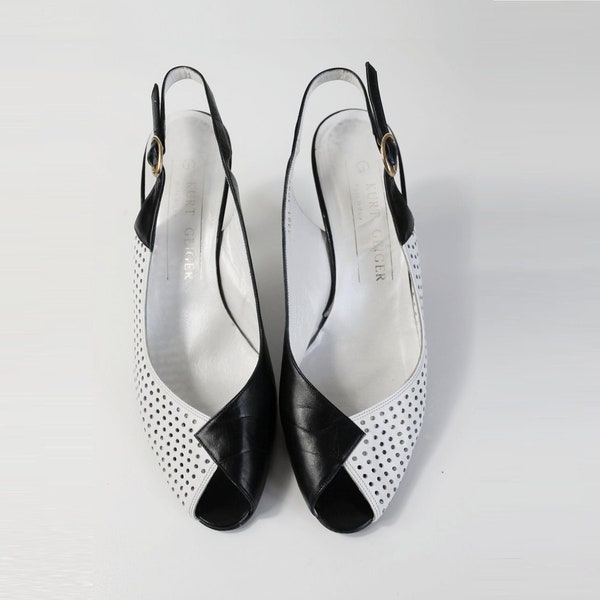 Vintage KURT GEIGER heels, Black White 80s Shoes, Slingbacks, Colour Block, Vintage Peep Toe Heels, Perforated, Monochrome,