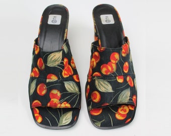 Vintage Cherry Print Sandal Mules: 1980s Summer Shoes (UK Size 6)