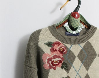 Vintage Argyle Roses Wool Jumper: 90s Floral Knit