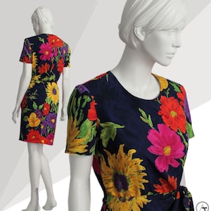 Gedurfde kleurrijke bloemenprint Shiftjurk, stropdas voorkant, jaren 80, bloemen, aquarel, chique stijl, wikkeljurk, zonnebloemen, Carrie Bradshaw,