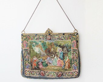 Vintage Petit Point Bag Jewelled Frame Purse Rococo Tapestry Handbag