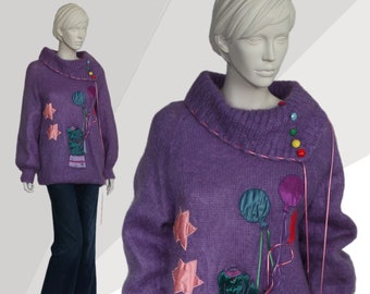 Purple Lilac Mohair Vintage Jumper, 80s Mohair Jumper, Circus Elephant, Balloons Applique, Ribbon Jumper, Embellishment Jumper, Mohair Knit,