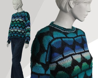 Colour Block Vintage Jumper, Ombre Knit, Blue Green, Mohair Wool Jumper, Glitter Wool, Gradient Colours, Black Blue 90s Knit, Handmade