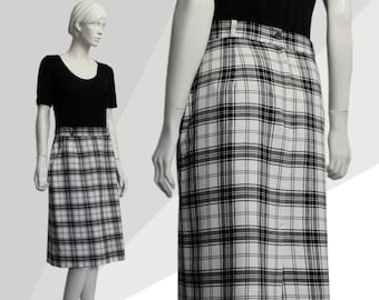 80s Checked Skirt, Clueless, Black White, CANDA, Skirt Belt Loops, Tartan, Mid Length, Vintage Plaid Skirt, Chic, Preppy, Pattern Lines,