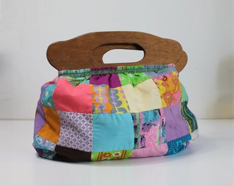 Colourful Vintage Patchwork Knitting Bag, Craft Bag, 60s 70s Patchwork, Wooden Handles, Boho, Prairie, Flower Power, Floral Print, Cotton,