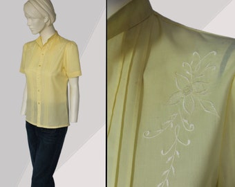 80s Vintage Yellow Floral Embroidery Shirt - Button Up Blouse
