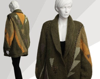 Olive Green Yellow Mohair Cardigan, Abstract 80s Cardigan, Jem and the Holograms, Mohair Wool Vintage Knit, Shapes Cardigan, Vintage Mohair,