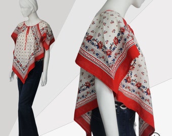 70s Cotton Top, 70s Scarf Top, Bohemian Vintage Top, Red White Blue Top, Cotton Vintage Floral Top, Festival Top, 70s Hippie Summer Top,