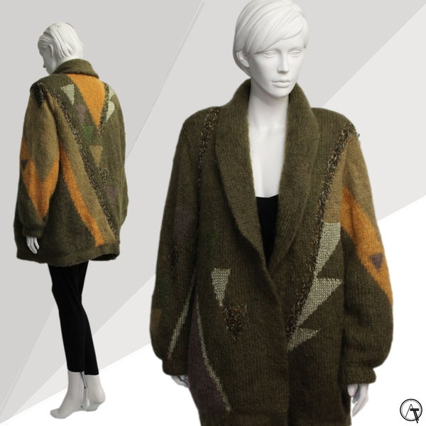 Olive Green Yellow Mohair Cardigan, Abstract 80s Cardigan, Jem and the Holograms, Mohair Wool Vintage Knit, Shapes Cardigan, Vintage Mohair,