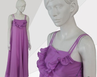 Long Vintage Purple Dress, Lilac Dress, Vintage Ruffle Dress, Heart Dress, 70s Empire Waist, Long Ruffle Bust Dress, Lavender Dress,