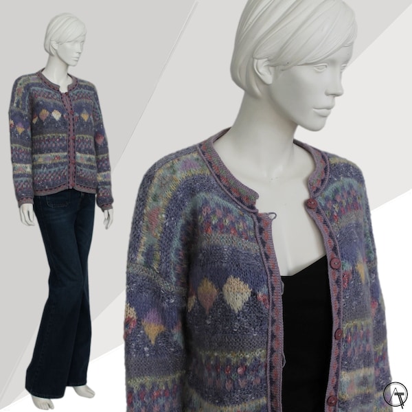 Abstract Pastel Wool Mohair Cardigan, Vintage 80s Cardigan, Glitter Cardigan Knit, Zig Zag, Diamonds, Muted Grey Blue, Hand knitted,