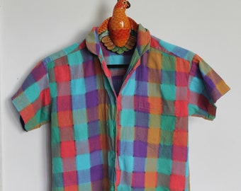 80s Cotton Plaid Shirt: Multicolour Watercolour Pattern