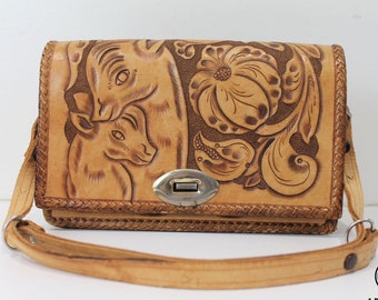Tooled Mother and Calf Floral Bag, Vintage Mexican Tooled Bag, Vintage Tan Leather Bag, Leather Mexican Bag, Boho Leather Bag, Hippie Bag,