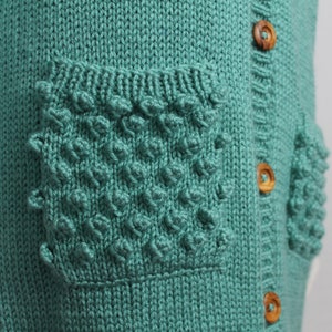 Mint Green Wool Handknitted Cardigan, Bobble Detail Cardigan, Long Cardigan, Vintage Green Knit, Light Green, Pastel, Spring, image 3