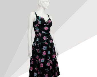 Vintage Betty Barclay Floral Midi Dress Cottagecore Black Rose Sundress 90s Prairie Dress