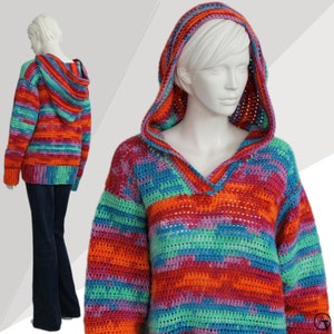 Multicolour Vintage Handmade Jumper, Hooded Jumper, Hand Knitted Colourful Jumper, Handmade Wool Jumper, Rainbow Coloured Jumper,