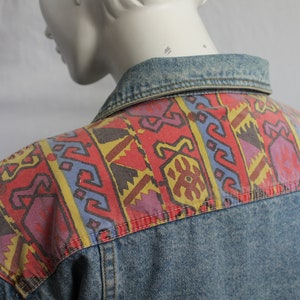 Women 80s Vintage Denim Jacket, Aztec Trim, New Wave 80s, Ikat Pattern, Mid Blue, Coloured Denim Jacket, Retro 1980s Fashion, image 8