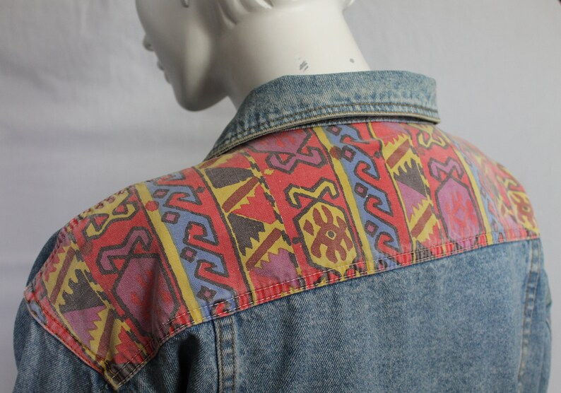 Women 80s Vintage Denim Jacket, Aztec Trim, New Wave 80s, Ikat Pattern, Mid Blue, Coloured Denim Jacket, Retro 1980s Fashion, image 8