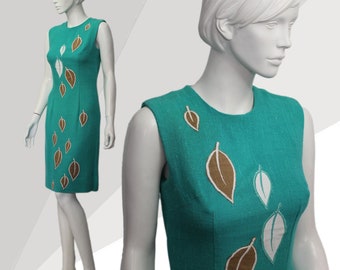 1960s Green Leaf Shift Dress, 60s Dress ALICE EDWARDS, Falling Leaves, Cotton Dress, Sleeveless, Autumnal, Applique, Embroidery,