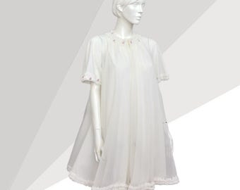 Vintage Sheer Nylon Bed Jacket 1960s White Rose Trim Babydoll Lingerie UK