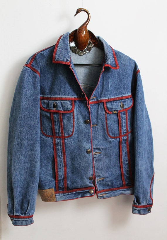 70s 80s Mens LOIS Denim Jacket Red Panelled Denim Jacket Blue Denim Painted Jean Jacket Embossed Buttons Mens Jacket XXL Retro Etsy Canada