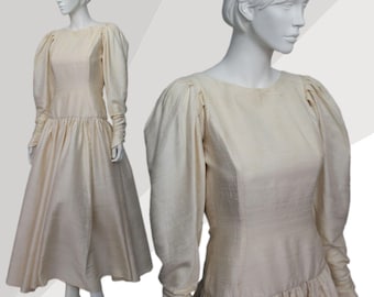 Vintage 90s Cream Raw Silk Dress: Droopy and Browns Lattice Tie Back, XS