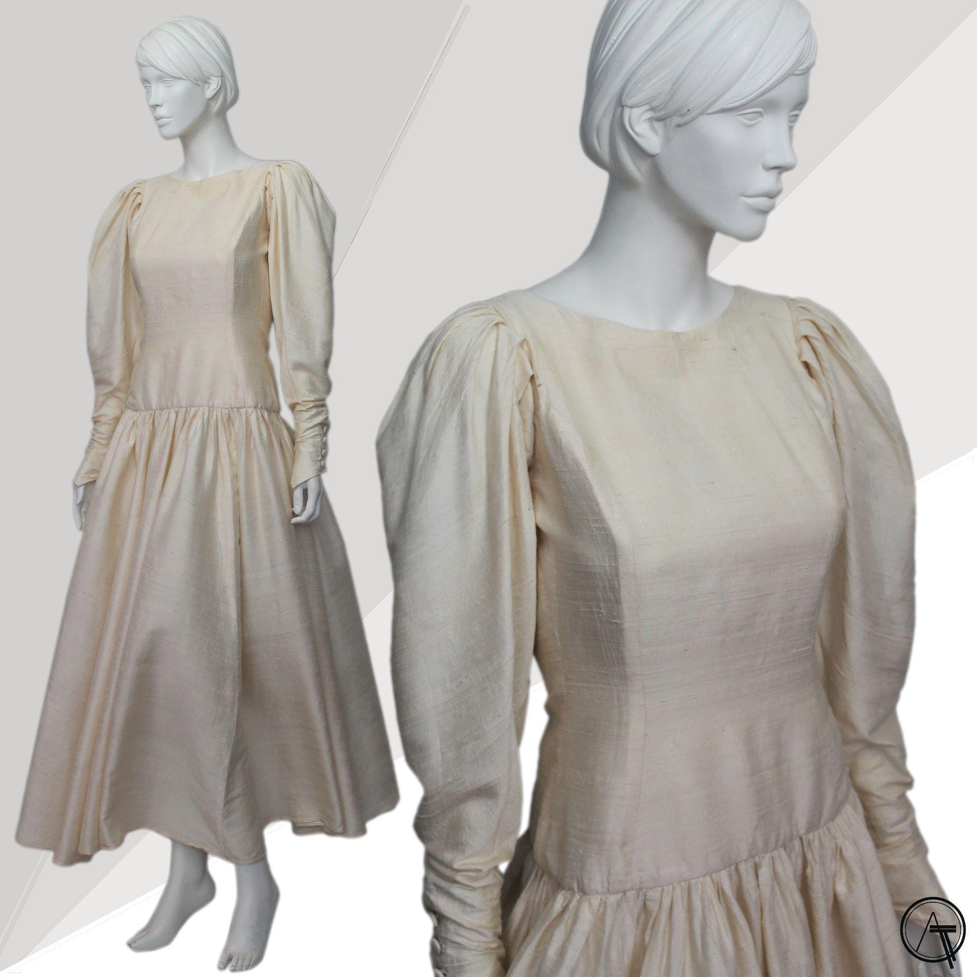 Vintage 90s Cream Raw Silk Dress: Droopy and Browns Lattice Tie Back, XS
