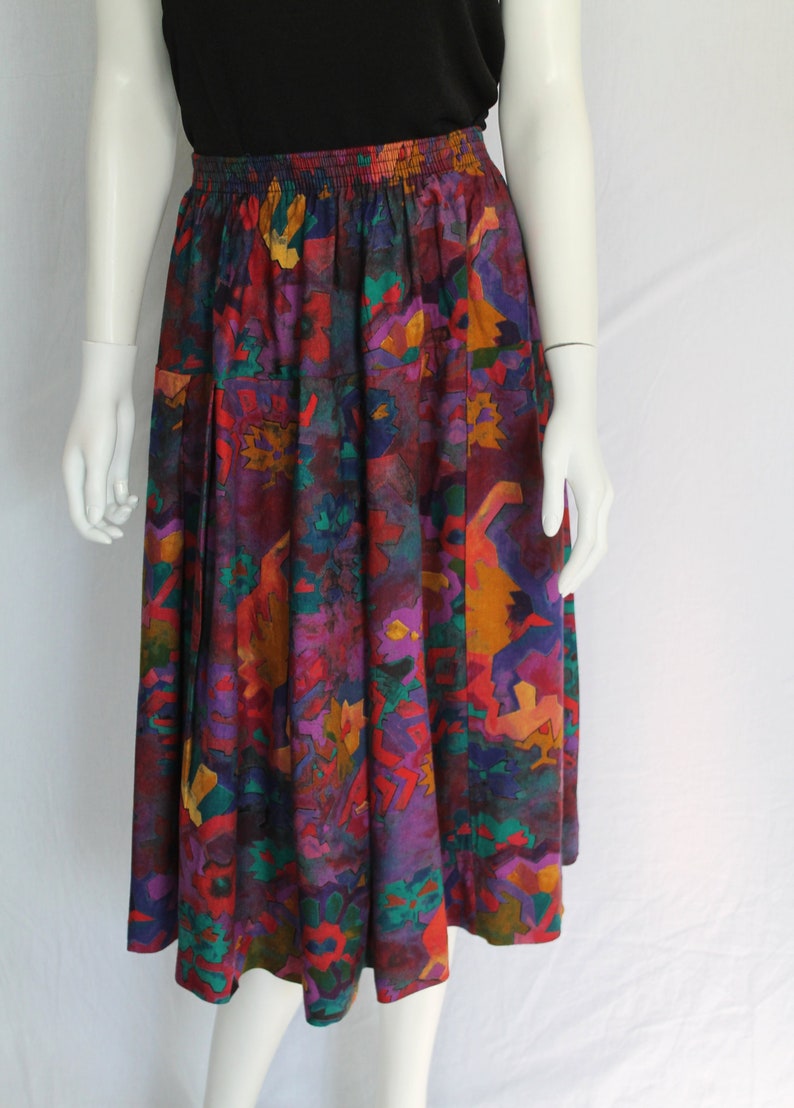 New Wave 80s Skirt, Vintage Abstract Pint Skirt Abstract 80s Multicolour Skirt Elastic Waist 80s Skirt Purple Yellow Green 80s Skirt