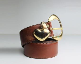 Vintage Brown Leather Statement Belt, Chunky Gold Buckle with Heart Charm