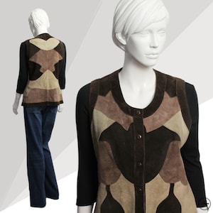 Vintage 70s Brown Suede Patchwork Vest: Genuine Leather Boho Waistcoat