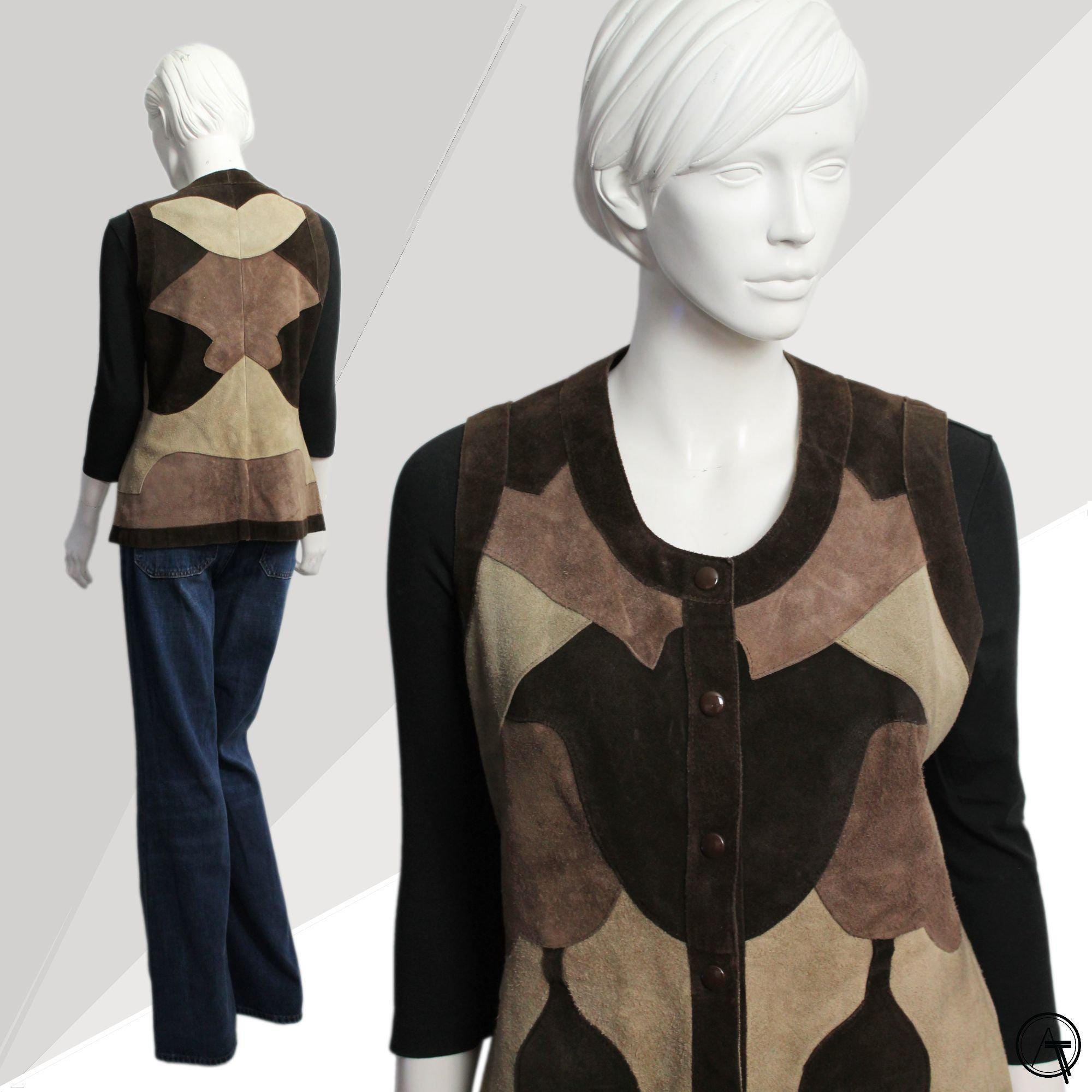 60s 70s Brown Leather Suede Patchwork Jacket, Jerkin
