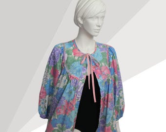 Vintage 70s Floral Cotton Smock Robe Dress: Flower Power Loungewear