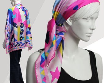 Vintage Pink Silk Scarf: Abstract Hearts & Stars, 90s Accessory