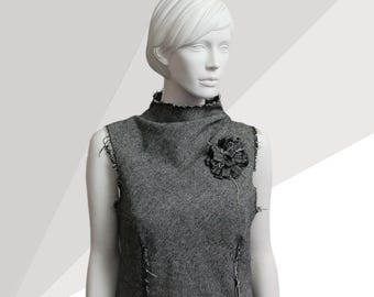 Vintage Topshop 90s Wool Blend Sleeveless Dress | Deconstructed High Neck Charcoal Grey Y2K Minimalist