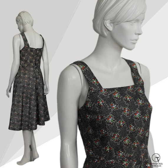 Black Ditsy Floral Polka Dot Vintage Dress, Black… - image 1