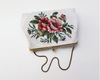 Vintage 1960s Beaded Floral Evening Bag White Glass Bead Purse Hong Kong Clutch