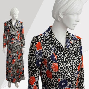 GOLDEN FINN 1970s Long Maxi Dress, Bold Flower Print 70s Dress, Vintage Finnish Dress, Vintage Cotton Dress, Long Sleeve 70s Dress,