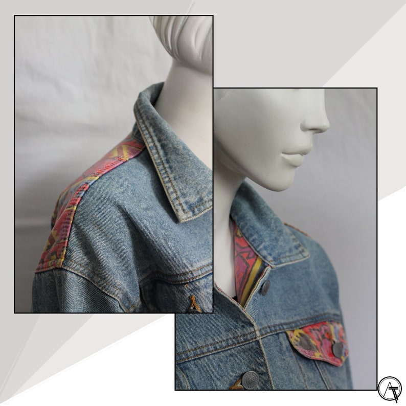 Women 80s Vintage Denim Jacket, Aztec Trim, New Wave 80s, Ikat Pattern, Mid Blue, Coloured Denim Jacket, Retro 1980s Fashion, image 5