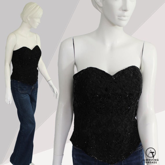 Black Beaded Bustier, Vintage Silk Bustier, Burles